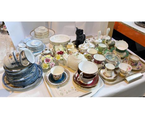 A selection of miniature and decorative china: cabinet cups and saucers; 2 Coalport cottages; Carltonware house; teaware; etc