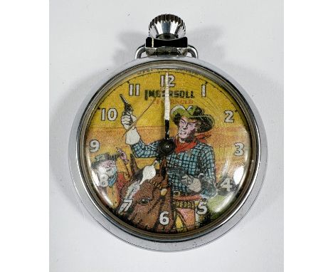 A vintage novelty open face pocket watch with cowboy dial for Ingersoll in chrome caseThere is a crack to perspex and age rel