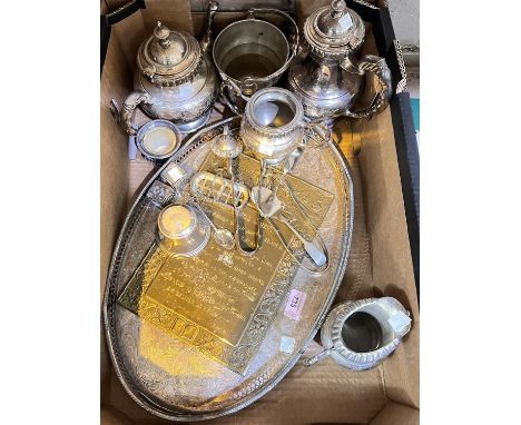 A silver plated gallery tray; silver plated tea service; etc. 