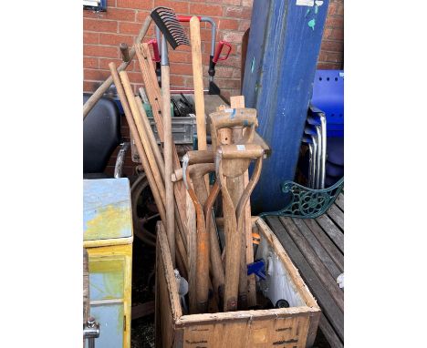 A selection of garden tools inc. spades, forks etc
