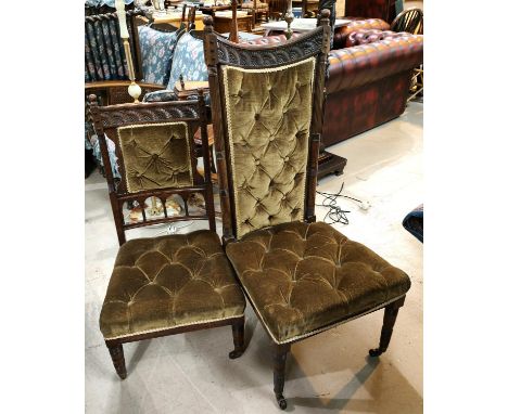 An Arts &amp; Crafts high back carved mahogany chair with button back a seat, reeded and turned supports, another similar 