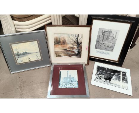 Two watercolours framed and glazed, Lowry print, signed football photo etc 