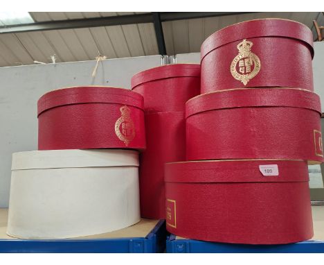 A selection of Vintage Red Christy's London hat boxes of various shapes and sizes with gilt armorial symbol etc&nbsp; 
