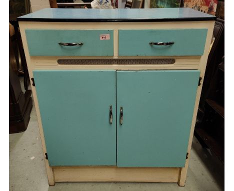 A 1930's kitchen base unit in blue &amp; white, with double cupboard and 2 drawers 