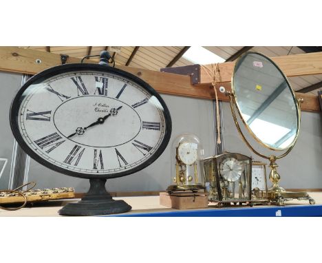 A free standing mirror in onyx and gilt frame; a reproduction mantel clock; 3 other reproduction clocks; a set of scales, box