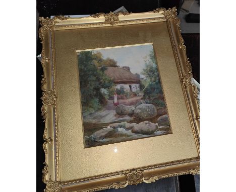 S. Towers: 19th century watercolour girl fetching water at river, framed and glazed 