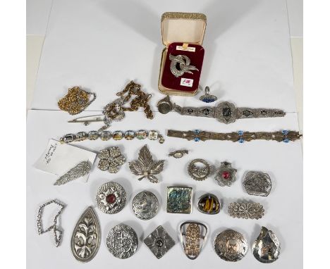 Vintage costume jewellery including pewter and other brooches, filigree brooches, bracelets, an enamel bracelet depicting sce