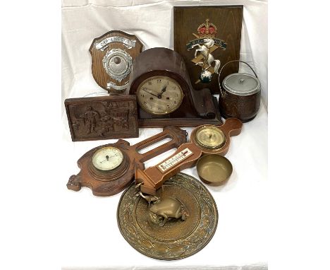 A Royal electrical and Mechanical Engineers plaque on wood; a mahogany cased Napoleon mantle clock; other carved and similar 