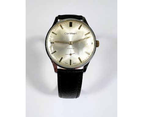 A vintage gentle Cotebert Swiss made wrist watch with button markers stainless steel case later leather strap 