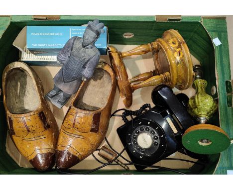 A pair of wooden clogs, vintage rotary phone other collectables etc 