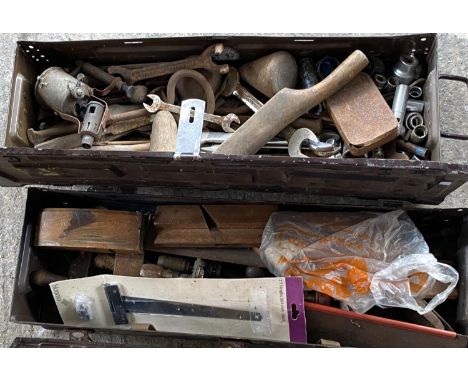 A collection of various vintage tools in two black ammunition style boxes. 