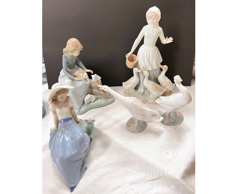 Two Nao groups:&nbsp; girl with rabbit &amp; girl with bird; a similar group; 2 Lladro geese 