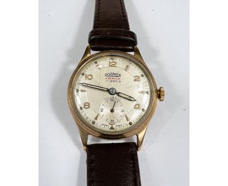 A mid 20th century 9 carat gold cased vintage Roamer Gents wrist watch on later strap 