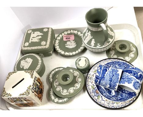 A collection of Wedgwood green trinket ware, Candlesticks etc; a selection of other china 