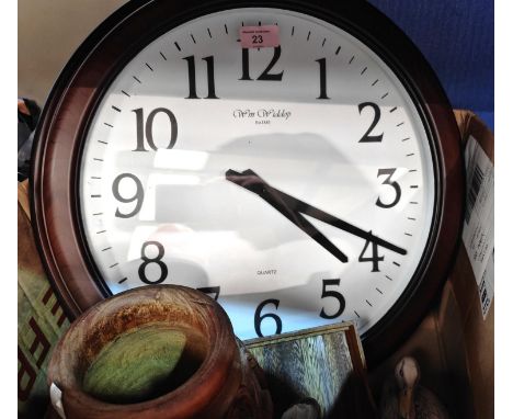 A carved wooden pot, treen, a large wall clock and a smaller clock 