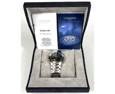 An originally boxed Longines Chronograph wristwatch, stainless steel cased, integrated bracelet 