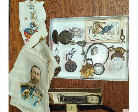A selection of silk cigarette cards and silks, Territorial Army badge, ARP badge, other badges, fob watch etc, 2 watches etc&