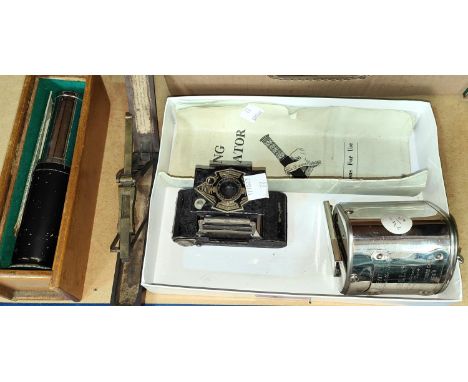 A vintage Otis King calculator; a set of sovereign scales; an Ensign Midget camera; collectors items 