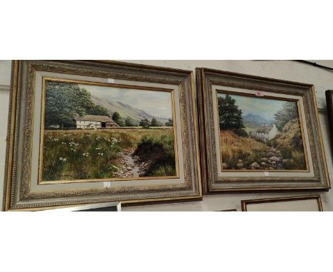 W. R. (Bill) Makinson, Derbyshire rural landscape with white farmhouses in hilly landscapes, pair of oils on canvas, signed, 