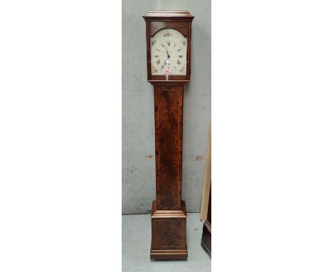 Knight &amp; Gibbons: Small sized long case clock with Walnut case, inlaid white dial, Roman numerals, chiming movement. Heig