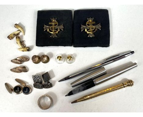 A pair of silver cufflinks, various gilt cufflinks and a gilt pencil; a pair of Naval Chaplain epaulettes and a silver ring 