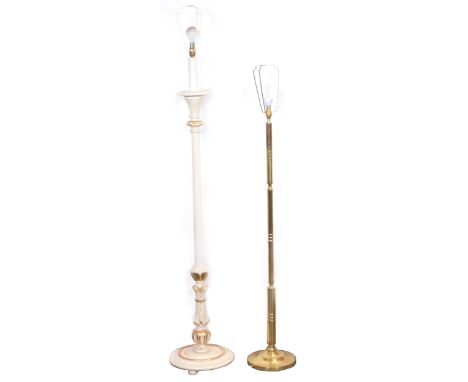 Cream painted and parcel gilt standard lamp, fluted column, ivory coloured shade, 190cm overall; brass standard lamp.