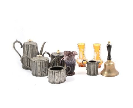 A four-piece Britannia metal teaset; another Britannia metal teapot; a pair of Mary Gregory style amber vases, 18cm; a slag g