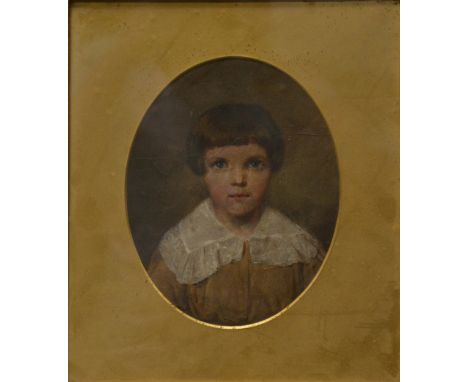 English School, 19th Century, head and shoulders portrait of a child, with a lace collar, unsigned, gouache, 22x17cm, oval.