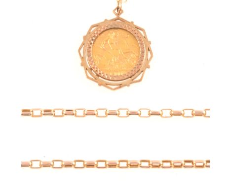 Gold Half Sovereign George V 1911, claw set in a 9 carat yellow gold pendant frame on a 9 carat gold 2mm gauge open filed cur