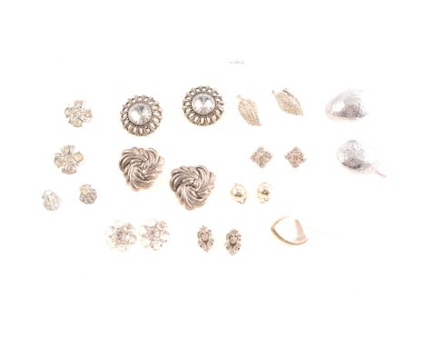 Vintage white metal earrings, to include Monet, Agil, mainly clip on and ear screw fittings, some marked 925, plain, textured