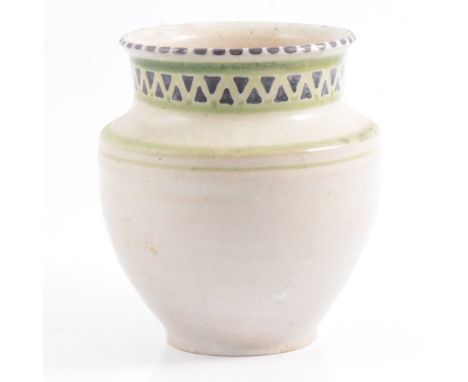 An early Poole Pottery vase, circa 1910-20, off-white glaze, painted with blue and green chevron border to neck, incised facs