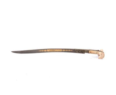 Antique Turkish sword, Yataghan, with gold damascened panels, bone hilt sheathed in silver surround, blade 60cm.