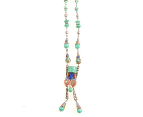 Islamic influenced necklace probably Max Neiger of Gablonz, green glass aventurine beads with enamel detail with two strand d
