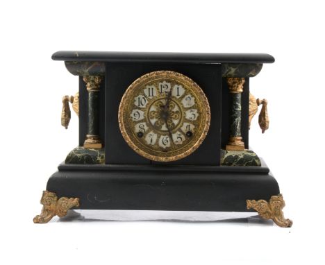 American mantel clock, black painted simulated slate and marble case, spring driven movement striking on a bell, the case lab