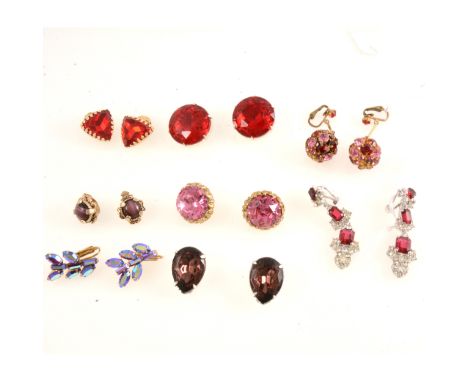 Vintage clip on earrings in tones of red, pink and purple, to include Ciner, Sarah Coventry, A&amp;S, faux amethyst, faux per