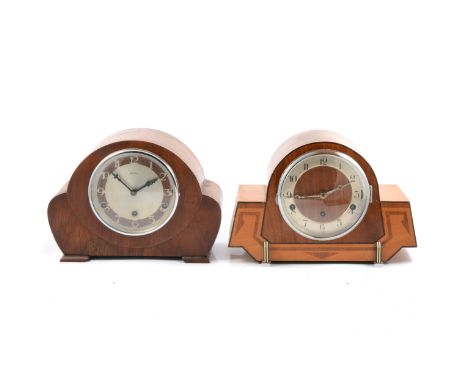 Art Deco style walnut mantel clock, the movement striking on eight gongs, 23cm, with key and pendulum, and another later waln