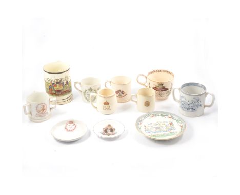 A Creamware harvest mug, 'God Speed The Plough', 15cm; large cup and saucer commemorating Queen Victoria's Golden Jubilee; a 