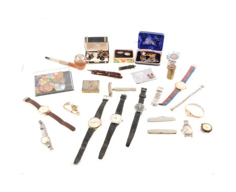 A collection of wristwatches,Ingersoll, Sekonda, Oris, Elftime, club and tourist badges, Lincoln Imp chrome stamp case, cuffl