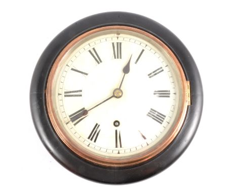 A fusee wall clock, Winterhalder &amp; Hofmeier movement, circular ebonised wooden case, white enamel dial with black Roman n
