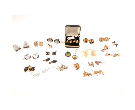 Twenty pairs of vintage cufflinks, variety of themes, Black &amp; White Whisky advertising, tropical palm island, Cutty Sark,