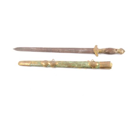 19th century Chinese brass mounted short sword, of typical pattern, blade 42cm, in scabbard.