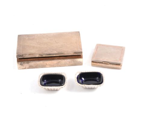 SIlver cigarette box, by Sanders &amp; Mackenzie, Birmingham 1938, a silver compact and a pair of small silver salts with blu