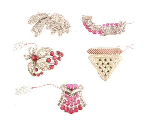 Five faux ruby and clear paste dress and fur clips, a cascading fur clip mark 935, set with red paste brilliant and clear bri