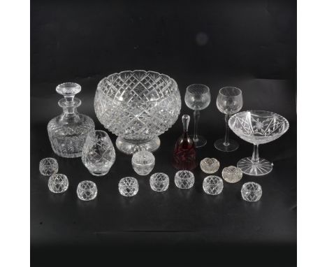 A Waterford crystal pedestal rose bowl, diameter 26cm, restored; a Webb Corbett mallet-shape decanter, 20cm; glasses; napkin 