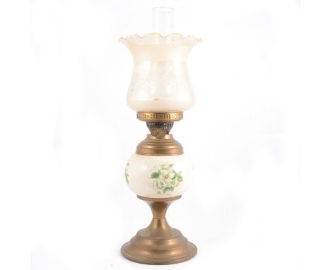 Brass and Staffordshire pottery oil lamp, complete with chimney and shade, 55cm including chimney.