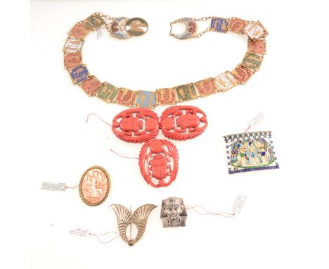 Tutankhamun inspired jewellery from the 1920's, red beetle belt buckle, 12cm, similar brooch, enamel buckle 60mm, gilt metal 