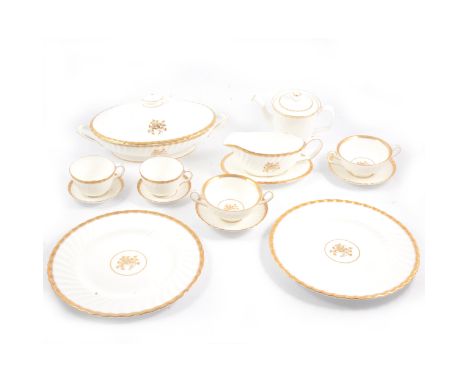 A Minton "Gold Rose" part dinner and tea service, comprising meat platter, lidded tureens, plates, soup bowls, teapot (13cm),