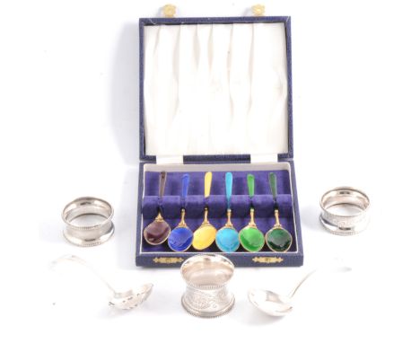 Small collection of silver; including six gilt and enamelled spoons, by Charles Robathan &amp; Son, Birmingham 1957, sifter s