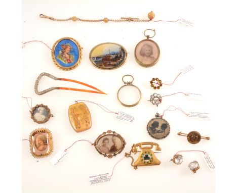 A gilt metal Albertine with faceted spheres, fitted with a T bar and swivel, reverse painted brooch harbour scene, hand paint