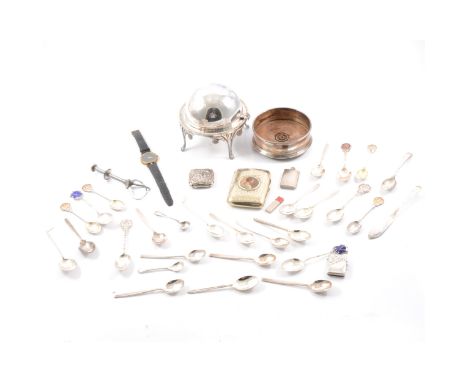 Quantity of silver tea spoons, many with a sporting theme, silver vesta case, Birmingham 1896, powder box, silver-plated ciga